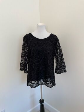 Vintage Women’s Mode Lia Embellished Black Floral Lace Top